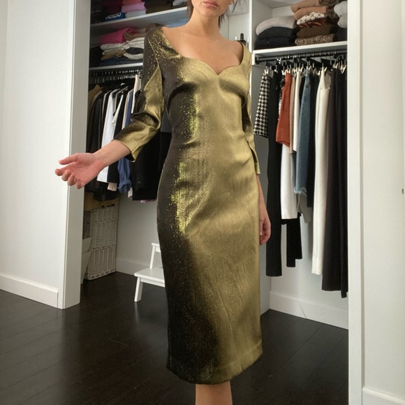Area Metallic Pyrite Gold Midi Sheath Dress NWT - Picture 1 of 10